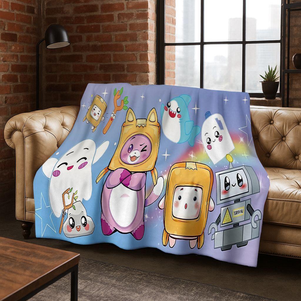 Kreskówkowa Koc Lankybox Urocza Foxy Boxy Rocky Flanelowy Koc, Przytulny Miękki Koc na Kanapę Sofa Pokrycie Piknikowe Prezent dla Dzieci