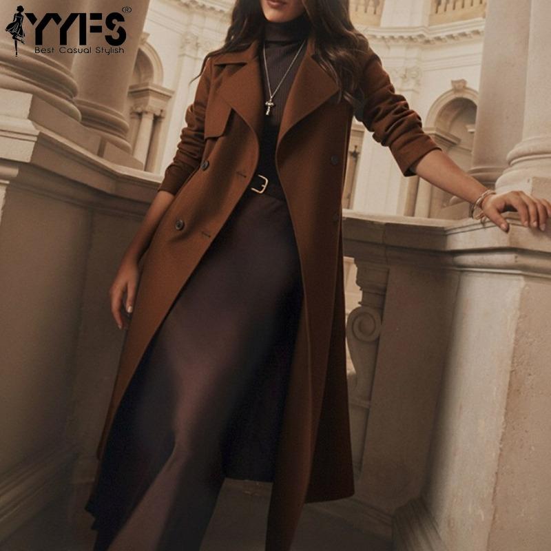 YYFS Moda damska Casual Jednokolorowe nadruki Jesienno-zimowe kurtki i płaszcze z długim rękawem i dekoltem POLO