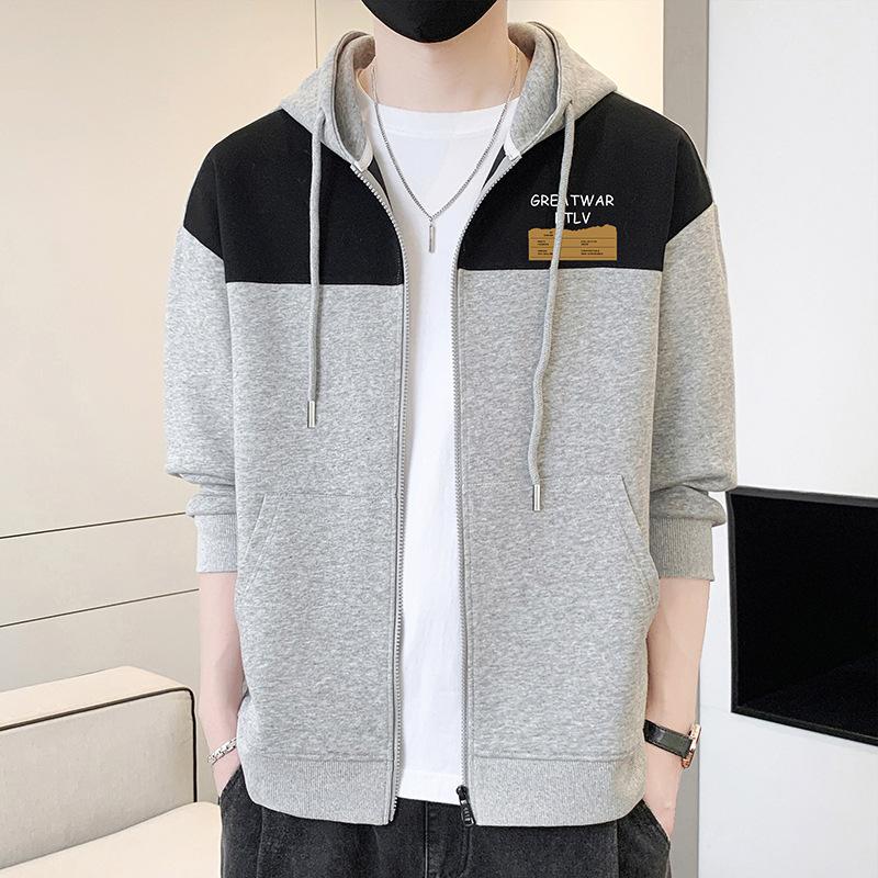 Hooded Cardigan Sweater Jacket Men's Autumn American Loose Top Clothes Men's Color Matching Casual Jacket