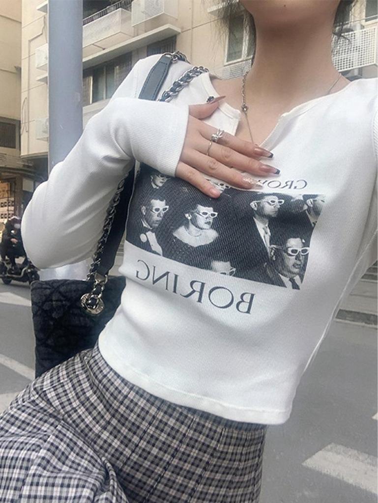 Retro Autumn Color-Block Spicy Girl Long Sleeve Tee for Women