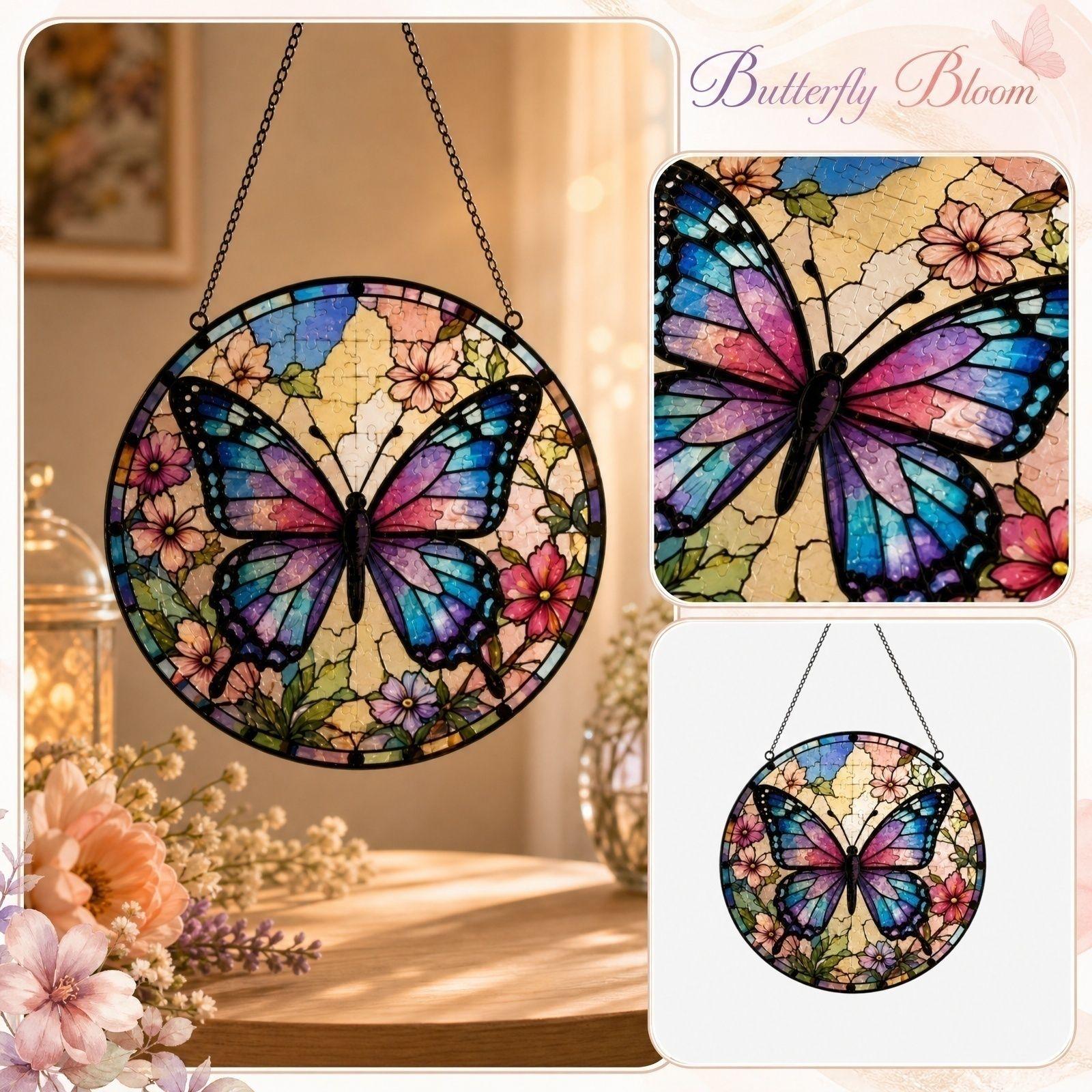 Butterfly Acrylic Puzzle - DIY Stained Glass Decoration, Colorful Hanging Ornament for , Home and Garden Decor One Size