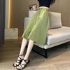 Women Skirt Pants Elastic Waist Adjustable Drawstring Ice Silk Cropped Pants Solid Color Casual Loose Fit Culottes