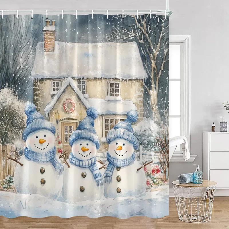 Pink Christmas Snowman Shower Curtains Winter Forest Watercolour Art Xmas New Year Home Bathroom Curtain Decoration With Hooks