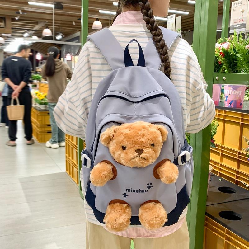 Schoolbag Korean Version Cute Bear Backpack Ins Wind Junior High School Large Capacity Student Schoolbag Casual Versatile Travel Backpack