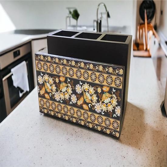 18 Cm Wooden Cutlery Holder Countertop Organizer Spoon Fork Knife Napkin Tissue Paper Desk Supplies Pencil Pen Stationery Stand Home Kitchen