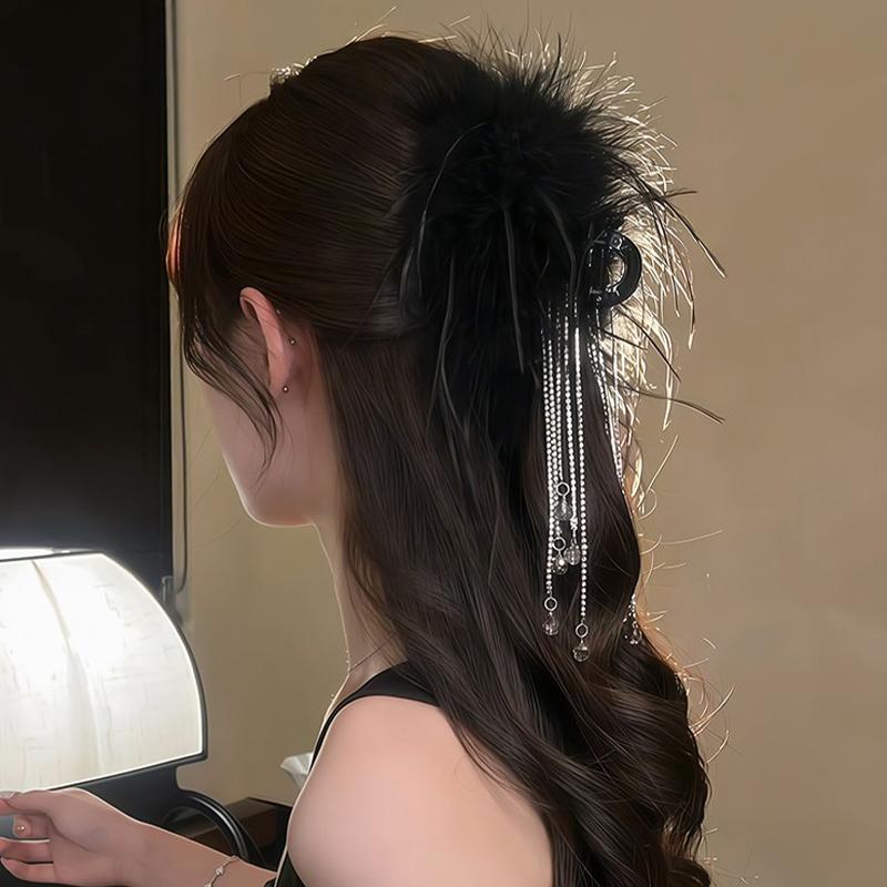 Black Feather Tassel 13Cm Claw Clip Women Hair Accessories For The Back Of The Head
