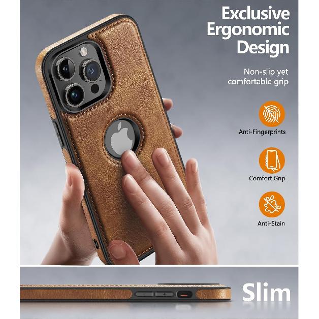 Unique Design Luxury Leather Business Phone Case for iPhone 15 Pro Anti-Slip Scratch Resistant Ultra Slim Protective Case (2023,6.1”) (Brown)