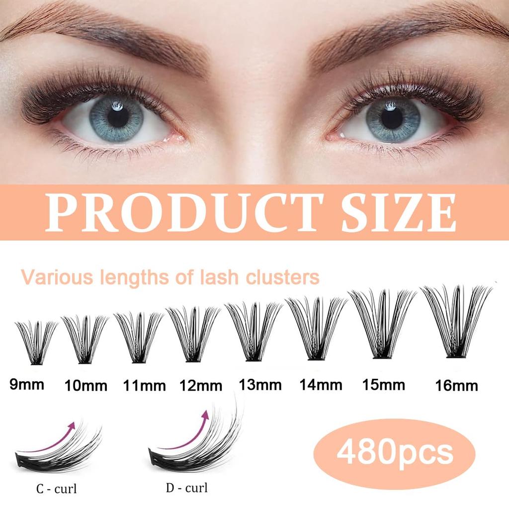 MAYCREATE® 480PCS Lash Clusters DIY Eyelash Extensions, Lash Clusters 9-16mm Mixed D Curl Individual Eyelashes Clusters Wispy DIY Eyelash Extension