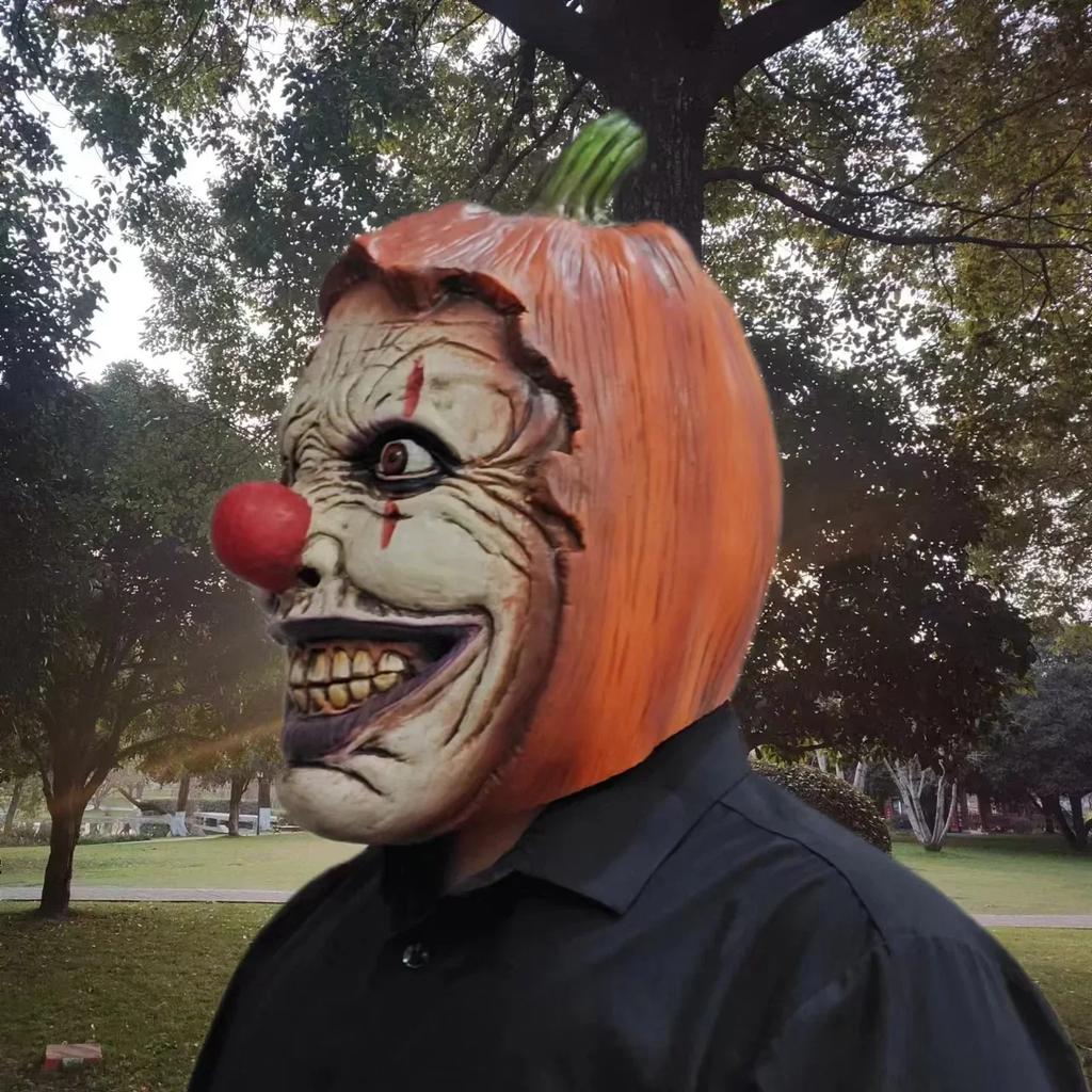 Horror pumpkin mask full face hood Halloween cosplay dress up props pumpkin head clown mask horror latex mask dress up