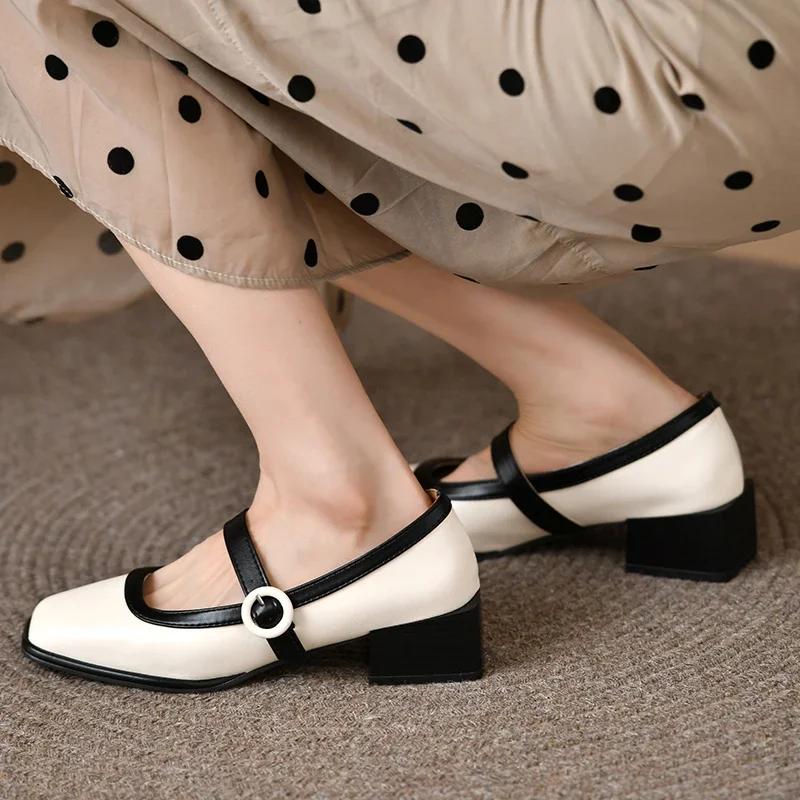 French Vintage Pumps Elegant Square Head Thick Low  Heel Mary Jane Shoes Women's New Belt Buckle Single Loafers Tacones Mujer