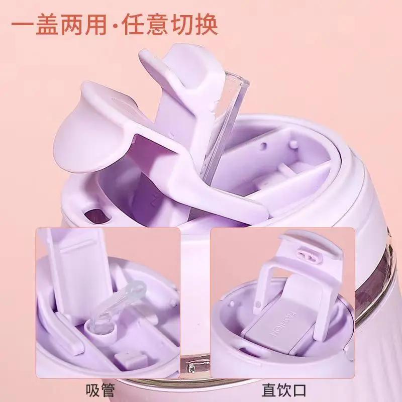 Tasse à eau en verre Tasse à thé portable Tasse à lait et café Tasses cadeaux Tasse à boisson en verre mignonne pour femme avec couvercle et paille Tasses à eau à double paroi