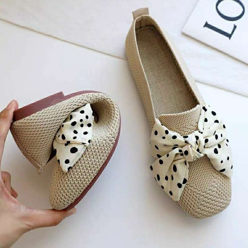 Single shoes female bow fairy wind one pedal flying woven beanie shoes soft sole breathable knitted shoes female summer