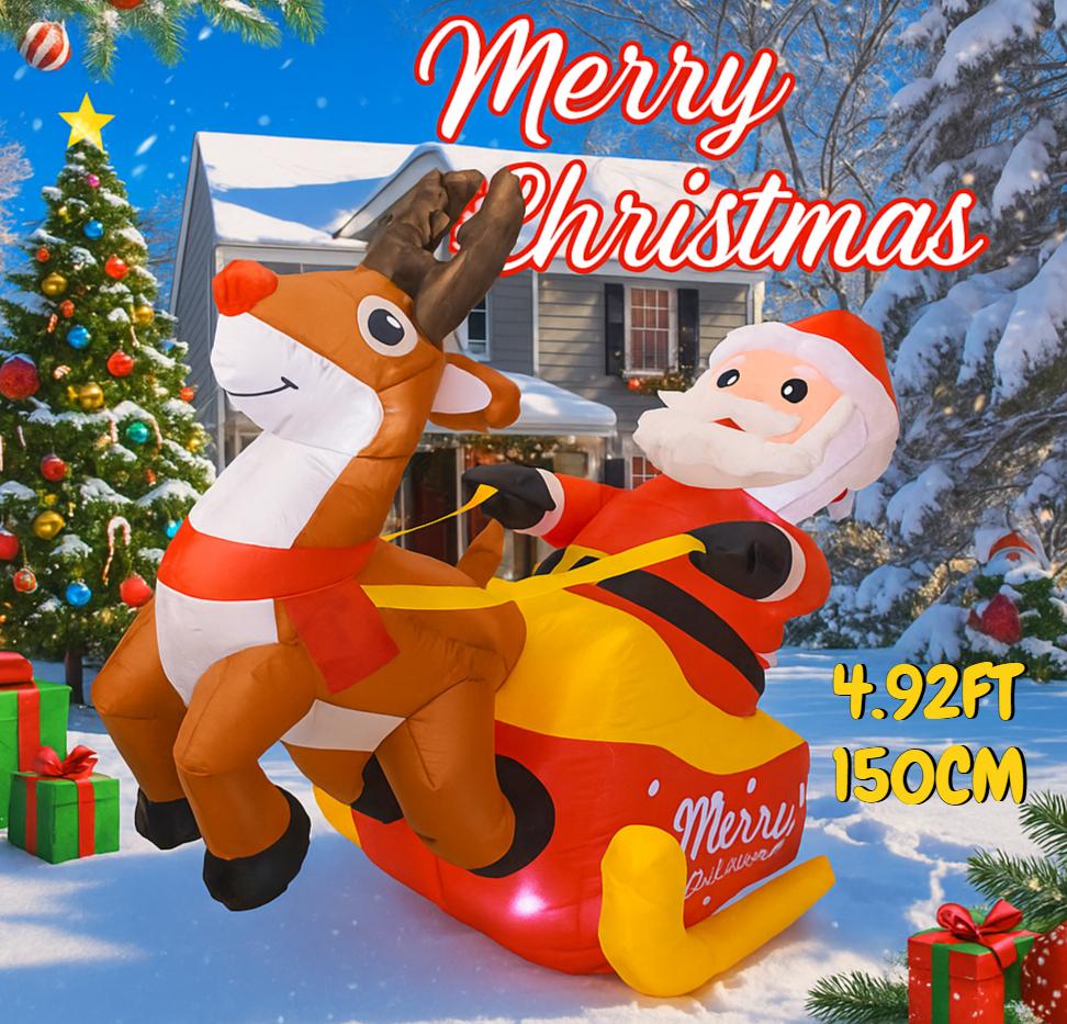 4.92FT Inflatable Toy Santa Sleigh Reindeer with LED Home Ornament Holiday Gifts Xmas Decorations for Yard Christmas Supplies