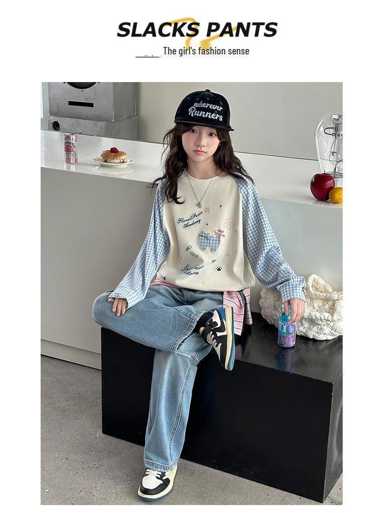 Stylish Girls' Cartoon Color Block Long Sleeve T-shirt - Spring 2026 Edition for Medium & Large Children