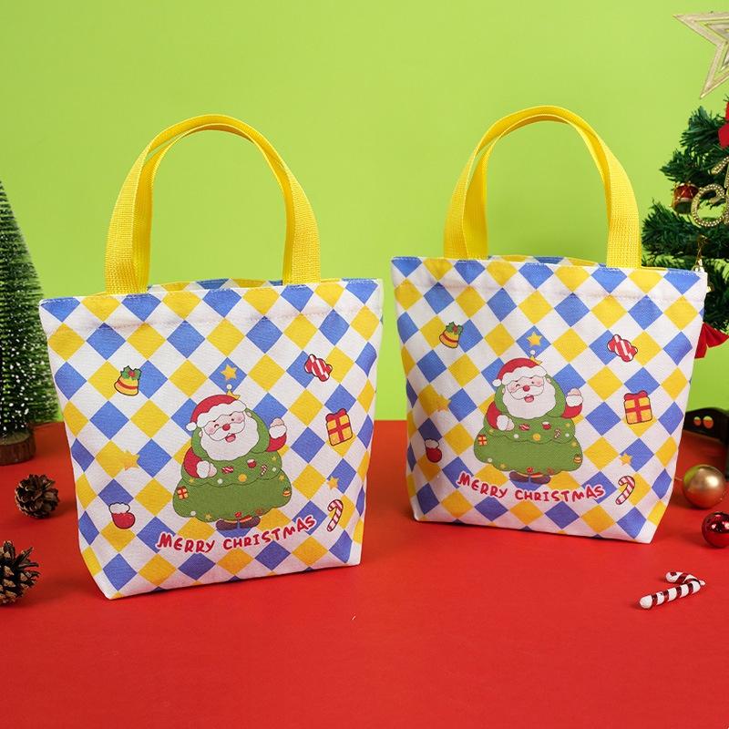Cartoon Christmas Gift Bag Santa Claus Plaid Canvas Tote Bag Christmas Eve Apples Gift Box Large Capacity Handbag Shopping Bag