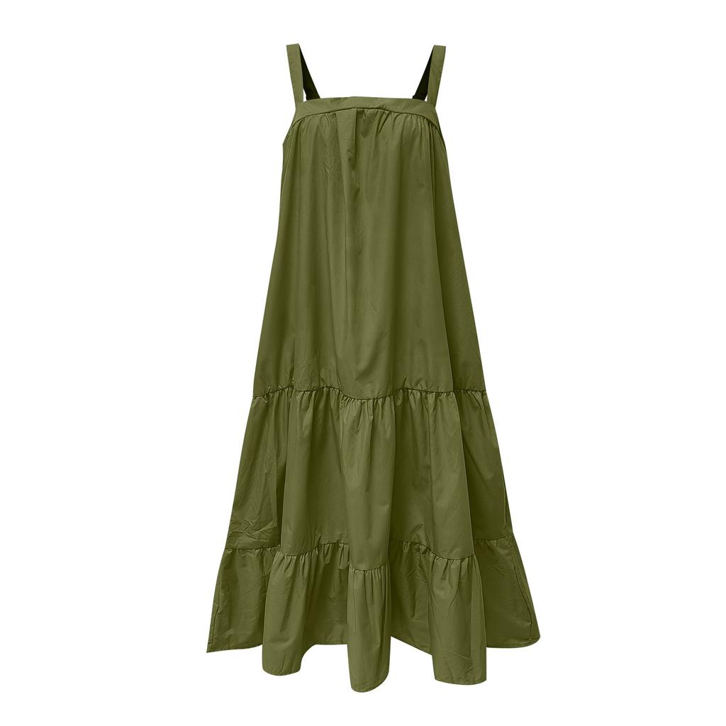 Ladies Casual Sexy Solid Color Suspender Loose Layered Pleated Beach Dress