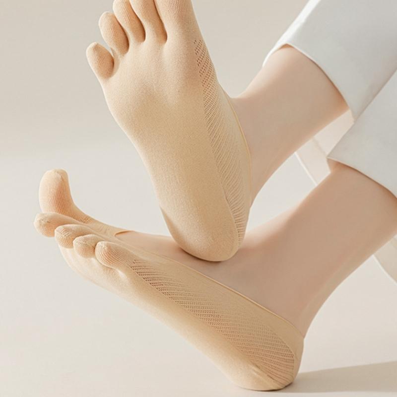 5 Pairs Women's Toe Separated Invisible Socks Breathable Cotton Silicone Grip Antislip Low Cut No Show Design Hosiery
