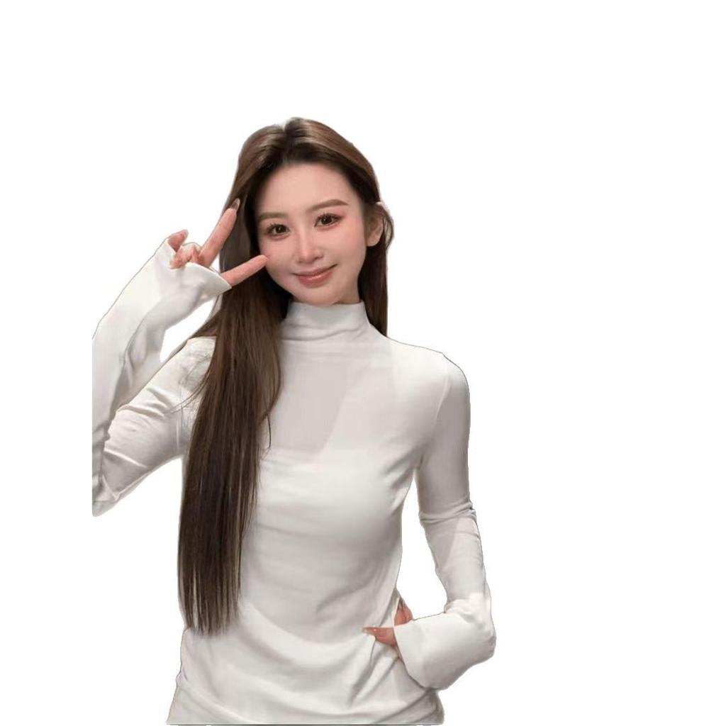 Women's Ribbed German Velvet Warm T-Shirt - Semi-High Neck, Solid Color, Autumn/Winter 2025 Collection