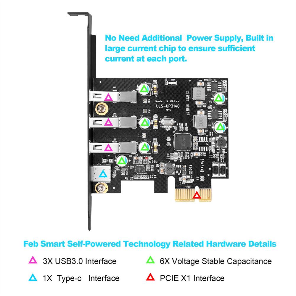 PCIe To USB 3.0 Expansion Card 5Gbps with 3 USB A and 1 Type C Ports For 2U Case
