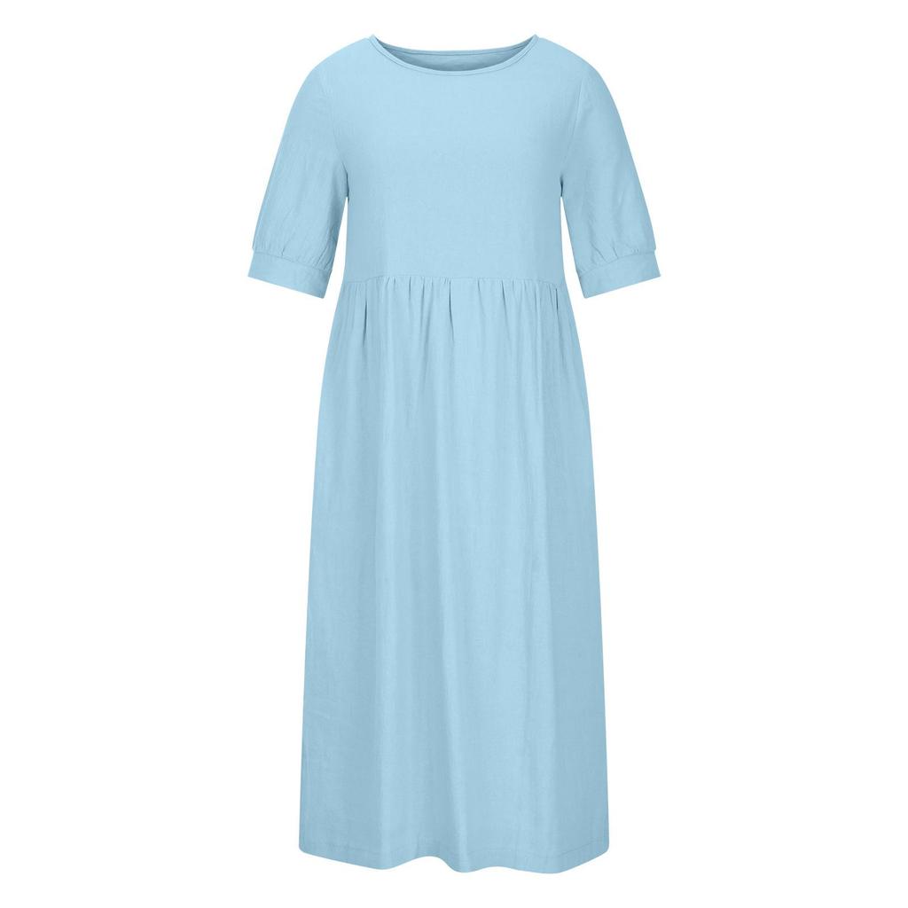 Vestido feminino plus size de verão, cor sólida, cintura solta, midi, algodão, linho, gola redonda