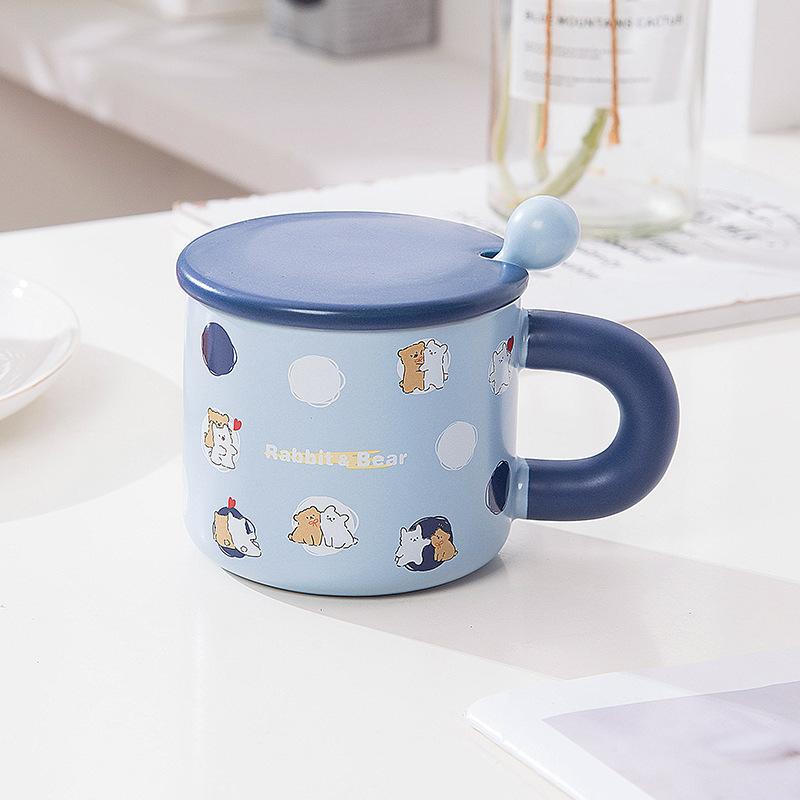 Creative Cartoon Ceramic Cup Cute Animal Mug with Lid Spoon Couple Water Cup Valentine's Day Cup Coffee Cup