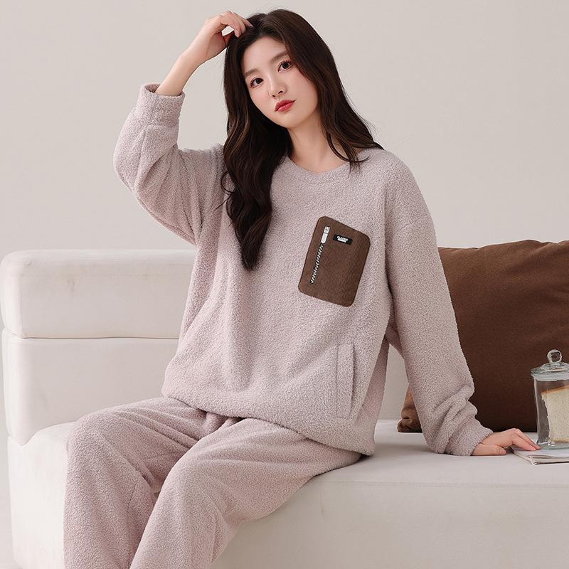 Half Fleece Couple Pajamas Autumn And Winter Coral Fleece Thickened Fleece Warm Suit Men'S And Women'S Casual Pullover Loungewear