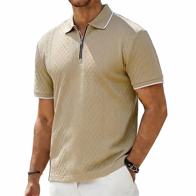 Men's Heavyweight Vintage Loose Jacquard Zip Short Sleeve Polo Shirt.