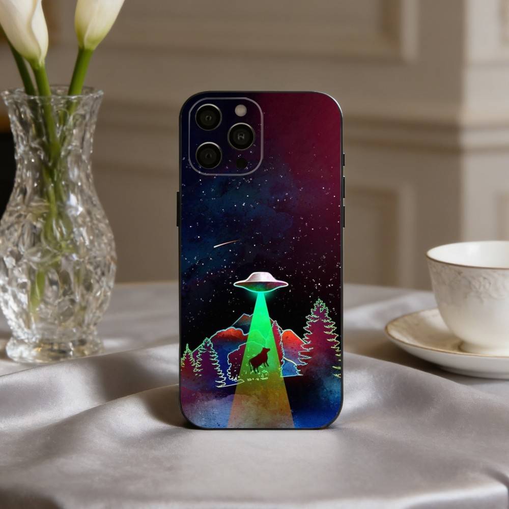 Funny S-Space UFO A-Alien T-Thing Phone Case For iPhone 17,16,15,14,13,12,11 Plus,Pro Max,XS,Soft Silicone Black Cover