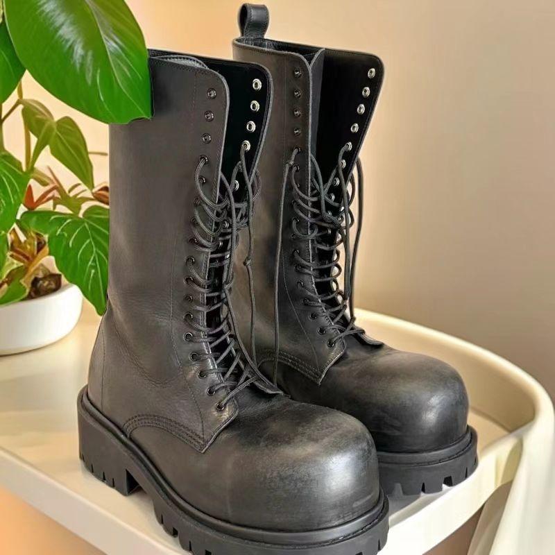 NEW Motorcycle Women's buckle Boots Winter Leather Shoes Black Botas Wedges Female Lace Up Platforms Women White Botas Mujer