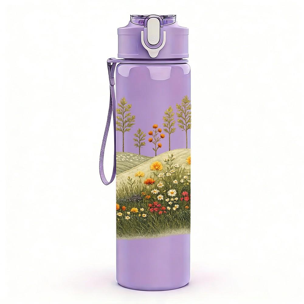 1PC Small Trees On Green Meadow Hill Print 750ml Color Plastic Sports Water Bottle Leakproof Flip Straw Lid Suitable for Sports Office Home Use