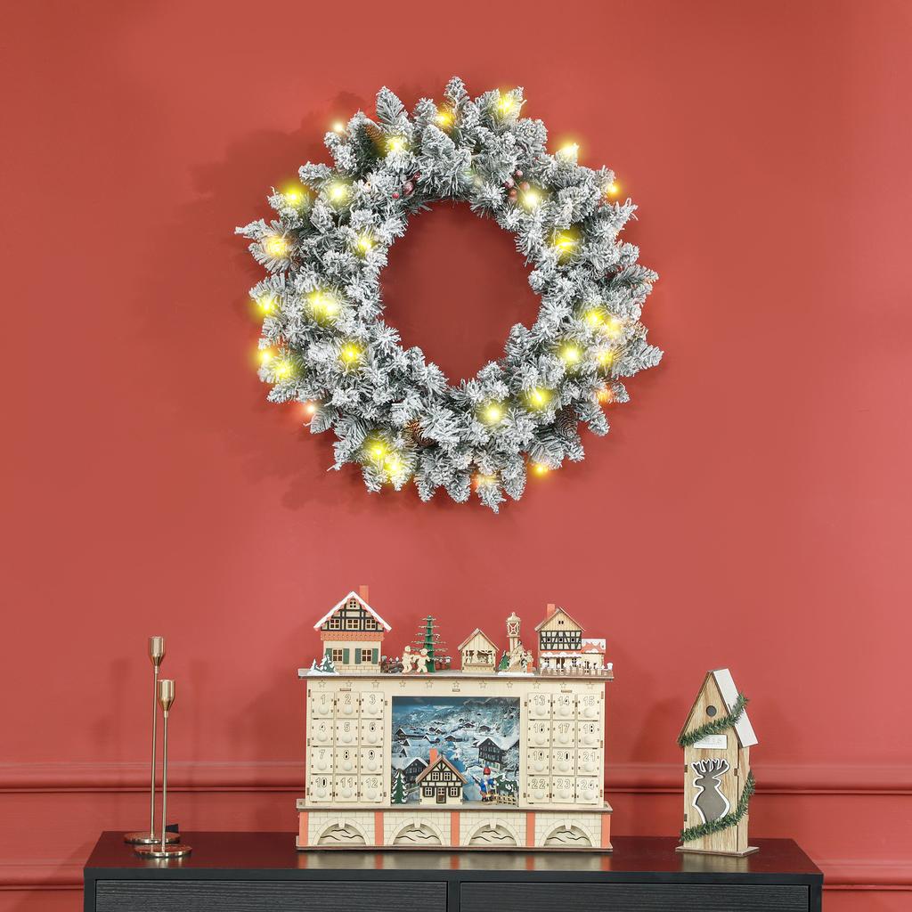 Artificial Christmas Door Wreath 60 CM with Pine Cones and Berry Clusters, LED Lights and Timer, Green
