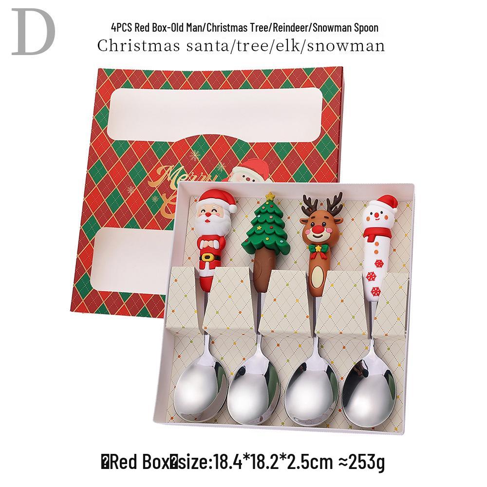 Reindeer Cartoon Christmas Spoon & Fork Set - Cute Stainless Steel Gift in Color Box