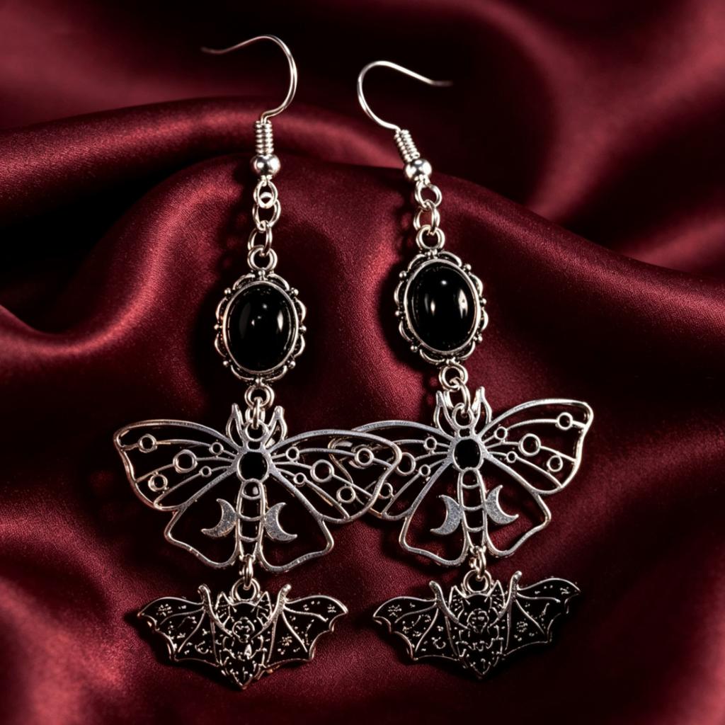 Dark Gothic Moth Bat Earrings Vintage Black Gemstone Hollow Butterfly Earrings Trendy Punk Long Earrings