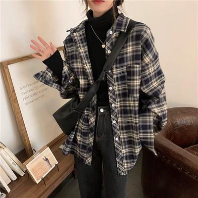 Plaid Shirt Vintage Women Button Up Korean Loose Shirts Long Sleeve Fall Casual Pocket Female Harajuku Tops