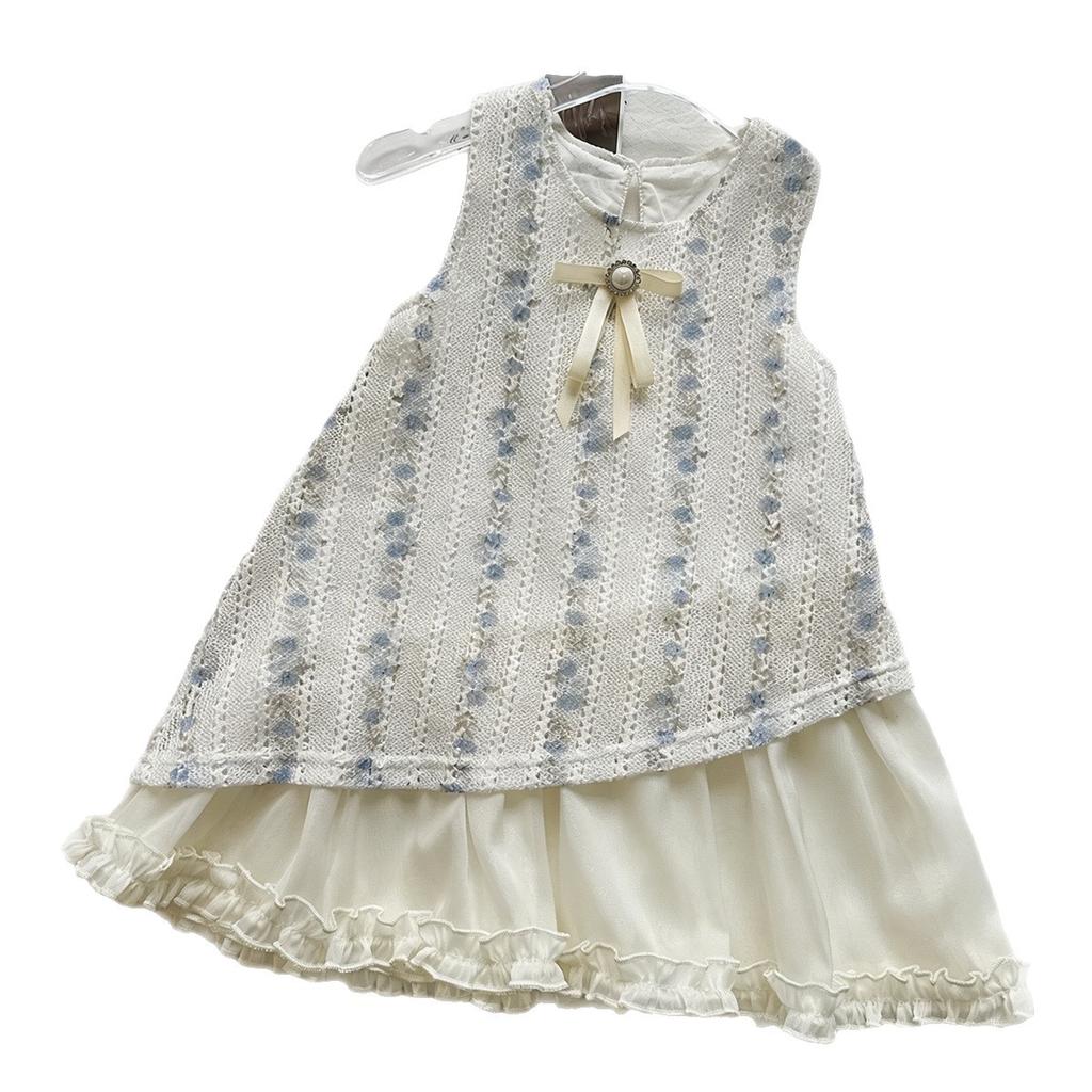 Girls Summer Floral Sleeveless Dress Mesh Splicing Ruffle Princess Dress Hollow Out Design