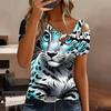 Women Leopard Print Stitching Print Cold Shoulder Short Sleeve T Shirt Irregular Cutout Neck Casual Summer Blouse Top