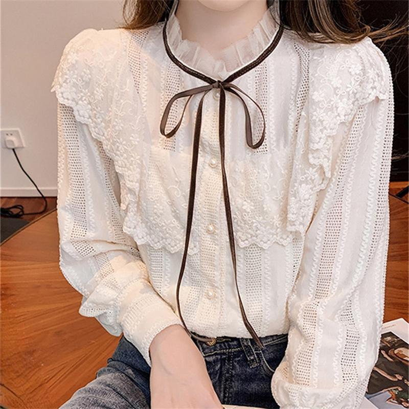 Autumn Winter Womens Tops and Blouses 2022 Cotton Blouse Button Solid Stand Collar Ladies Lace Tops Women Shirts Blusas Feminine
