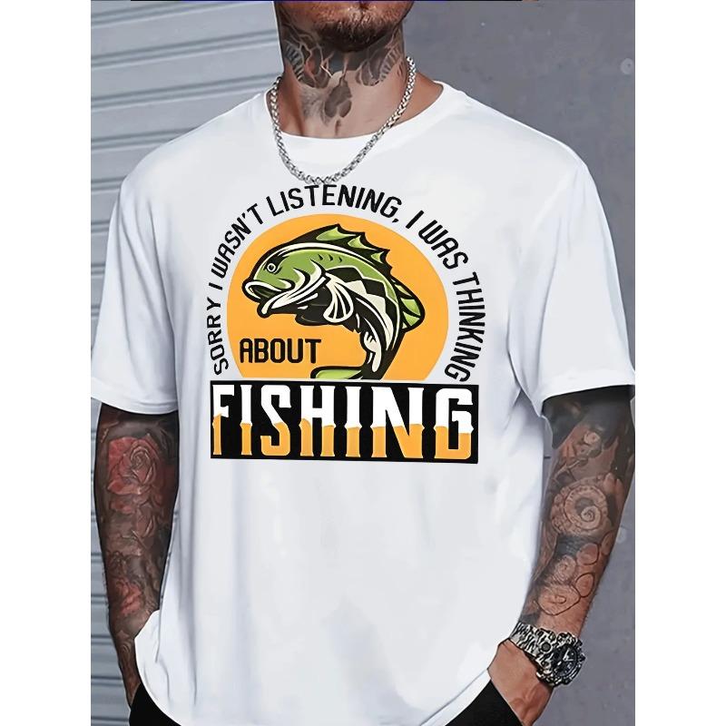 Men'S Trendy Graphic Tee with Short Sleeves Featuring a Bass Fish Design And The Phrase 'Sorry I Wasn'T Listening, I Was Thinking about Fishing.'