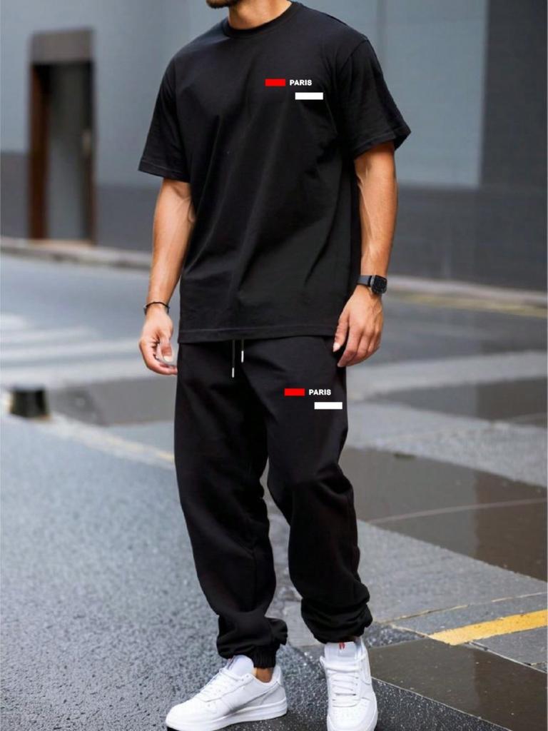 Hot selling summer fashion men's striped letter print micro elastic breathable round neck T-shirt pants set outdoor casual sport