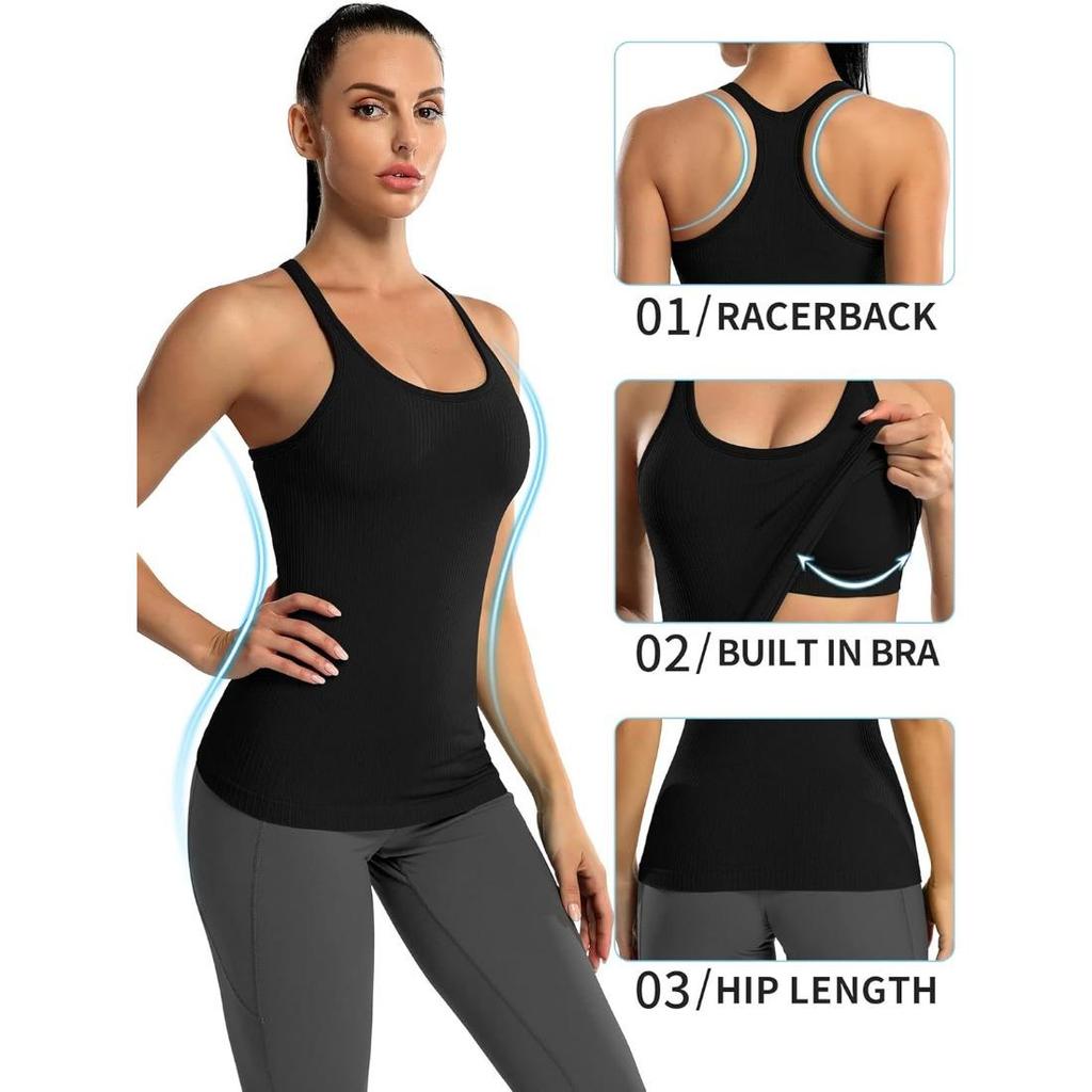 CHARMLEAKS Ribbed Workout Tank Tops for Women with Built In Bra Tight Racerback Scoop Neck Athletic Top