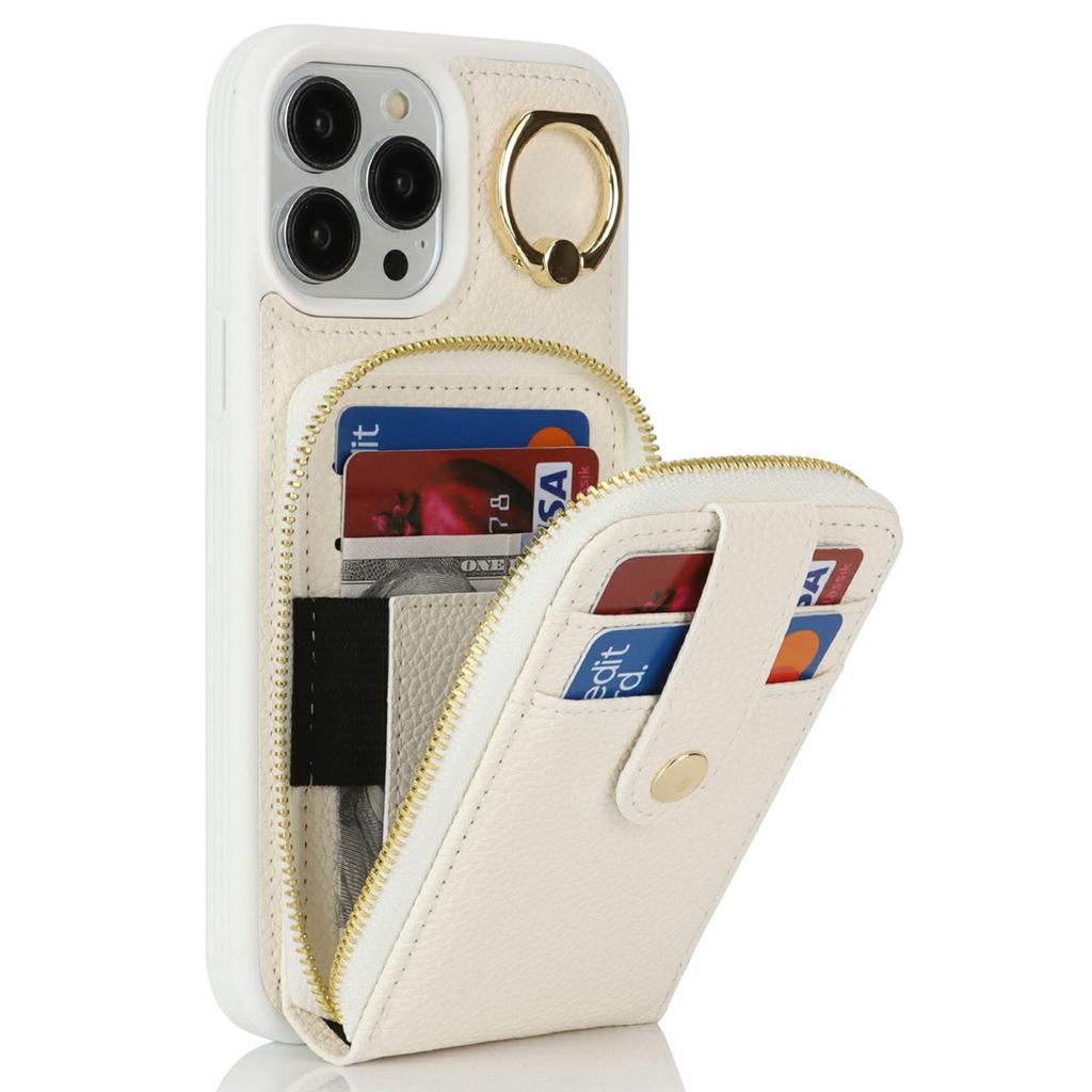 For iPhone 13 Pro Max/12 Pro Max Case with Zipper Pouch/Ring Kickstand/Strap Litchi Texture PU+TPU Phone Cover