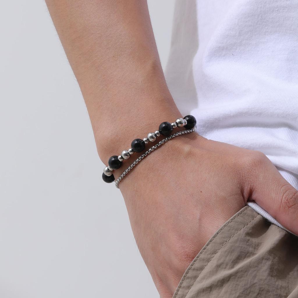 Stainless Steel Layered Bracelet for Men Boys,Metal Beads Natural Stone Bracelets,Hiphop Fashion Jewelry