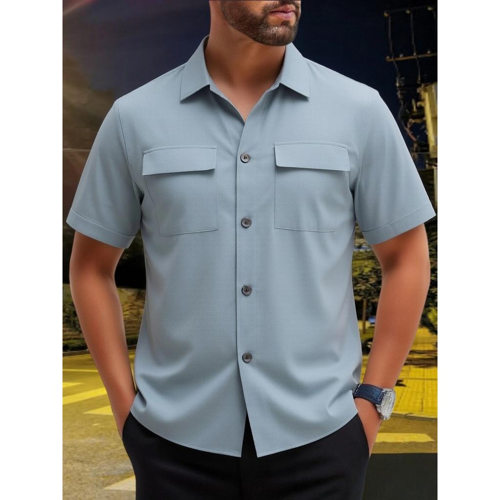 Camicia Estiva alla Moda da Uomo con Doppia Tasca - Camicia Casual Sportiva da Uomo con Bottoni a Maniche Corte