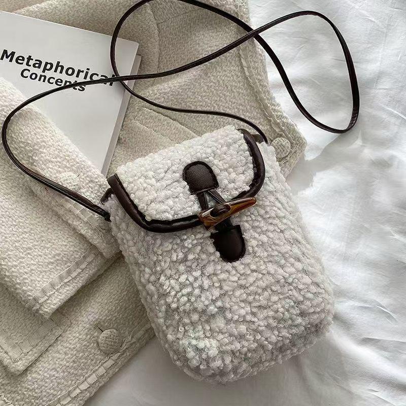 New Women's Plush Lamb Wool Crossbody Bag - Cute, Fashionable, Versatile, and Popular Phone Bag.