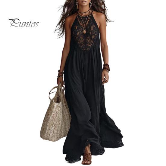 Beach Vacation Dress Women s Sheer Lace Halter Maxi Dress, Sleeveless Floral Pleated Skirt Women Patchwork A-line Long Summer Flowy Sundress S чёрный