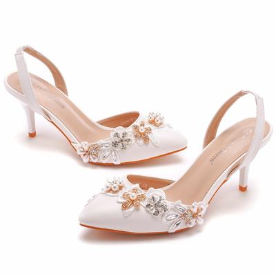 7cm Shallow Mouth Pointed Sandals White Lace Nail Bead Water Diamond Fine Heel Sandals Large Wedding Shoes Bridal Shoes