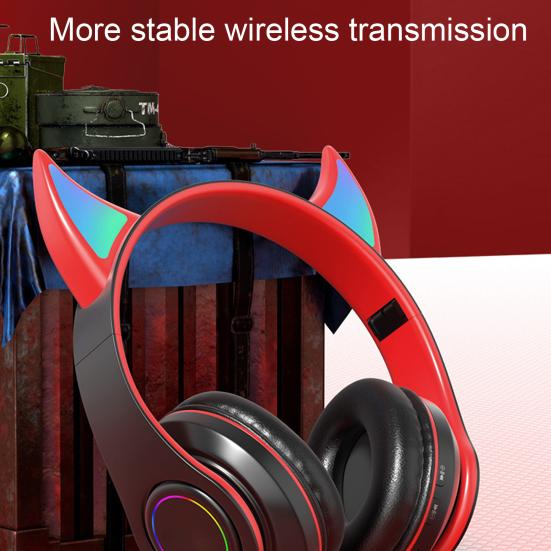 Bluetooth-compatible Headphone LED Devil Ear HiFi Glowing Cute Stereo Bass Wireless Headset