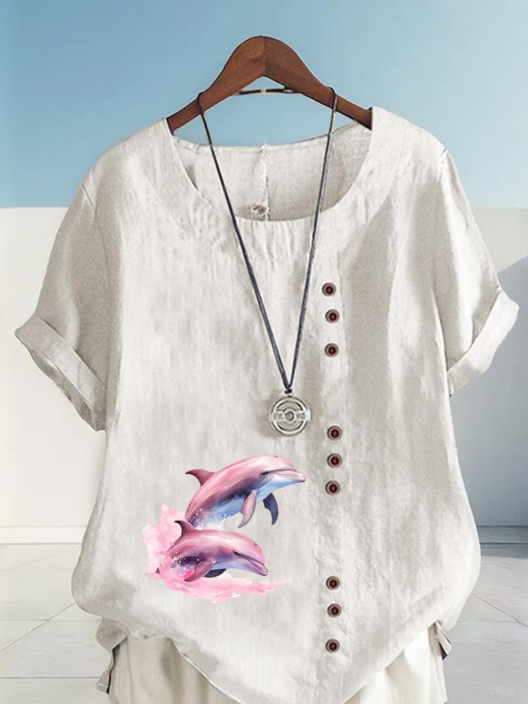 Women's Fashion Couple Dolphin Print Round Neck Short Sleeve T-shirt Summer Casual Cotton Linen Graphic Shirt Leisure Loose Blouse Tops