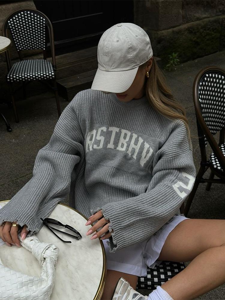 

Женский модный свитер с надписью, спортивный стиль, вязаный пуловер, женский теплый топ с подкладкой, серый свитер, черный свитер, осень и зима L серый