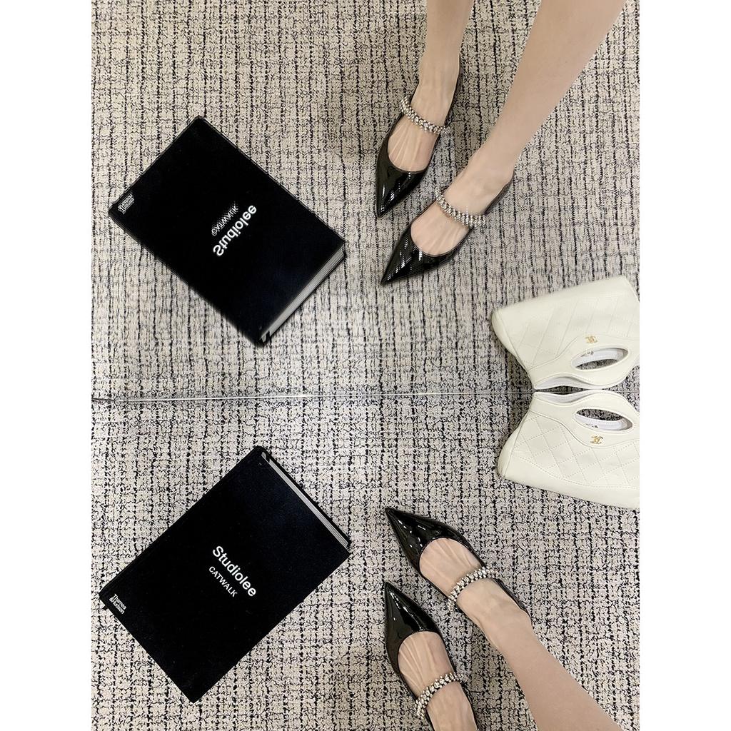 Sheepskin Version~ Grape Mother Same Leather French Pointed Sparkling Rhinestone Mary Jane Shoes Women's Versatile Shallow Mouth Single Shoes